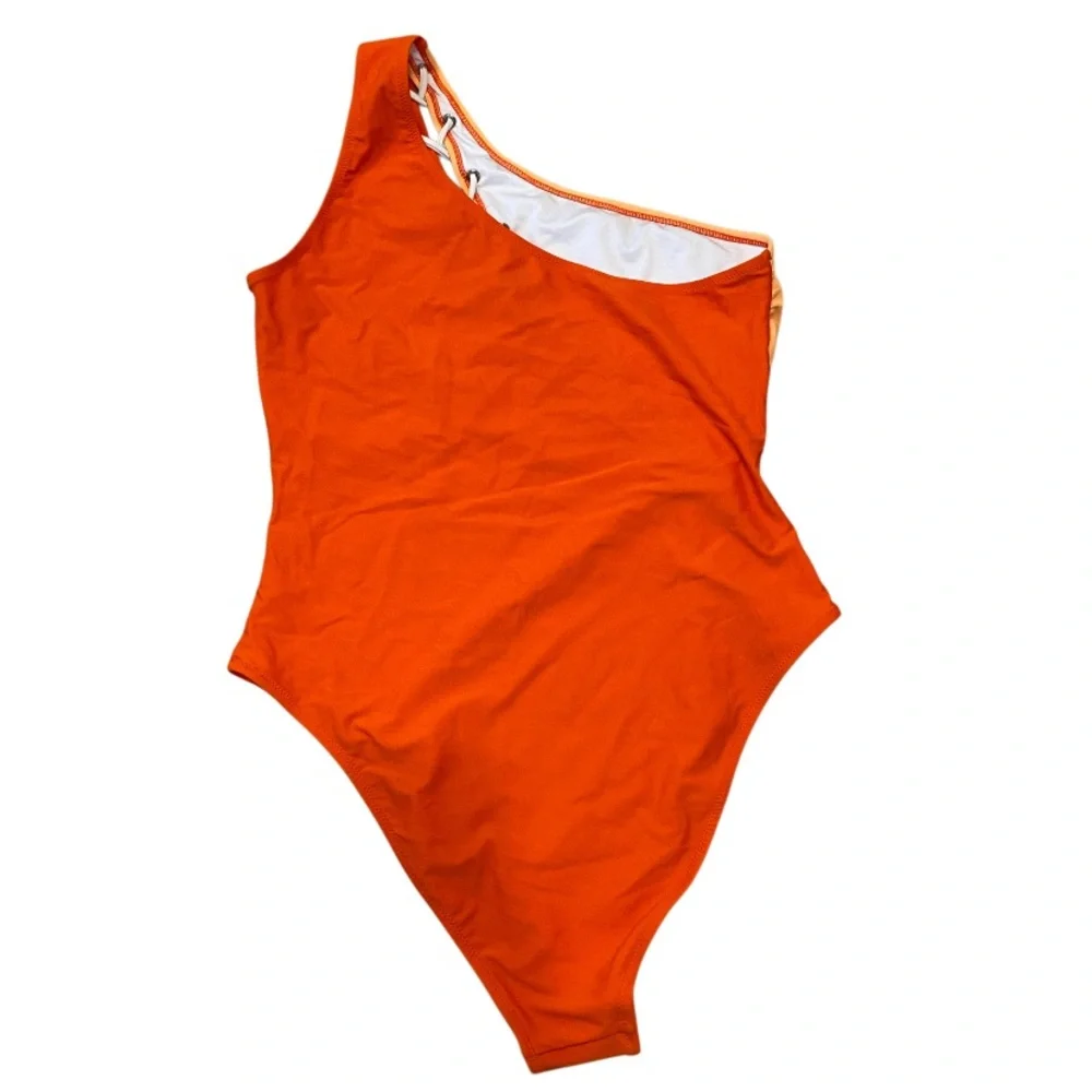 Colorblock One Shoulder Lace Up One Piece Monokini Swimsuit Size L